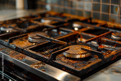 Close-up of a rusty and greasy gas stovetop in a modern kitchen.
