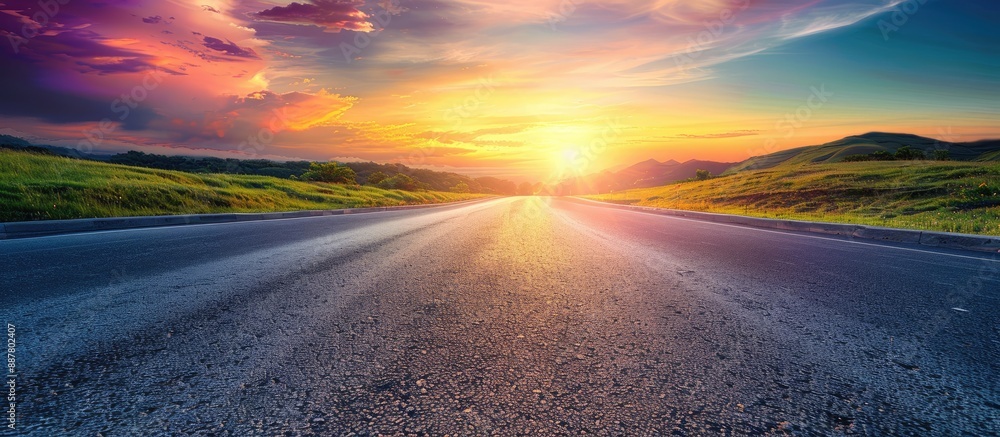 Sun rising on the skyline over an empty asphalt road with a colorful sunset painting the backdrop in a minimalist style design creating a nature background landscape with ample copy space for an image Sun rising on the skyline over an empty asphalt road with a colorful sunset painting the backdrop in a minimalist style design creating a nature background landscape with ample copy space for an image