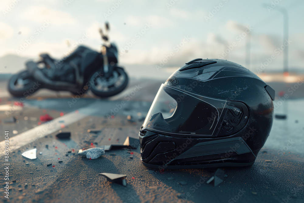 Fototapeta premium Black motorcycle helmet lying on asphalt with a crashed motorcycle in the background
