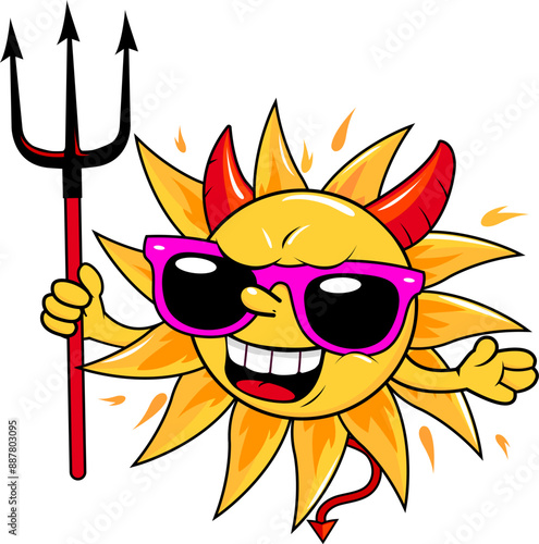 Summer happy cartoon hot weather sun with trident, sunglasses and red horns. A cartoon funny summer sunshine sun. Evil heatwave sun, extreme hot weather temperature. Vector illustration