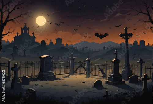 a minimalist vector of graveyard with tombstones and iron fence and bats flying in the night sky