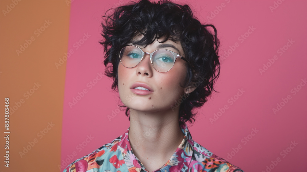 A serious-looking non-binary person in their late 20s with short, curly black hair and glasses A serious-looking non-binary person in their late 20s with short, curly black hair and glasses