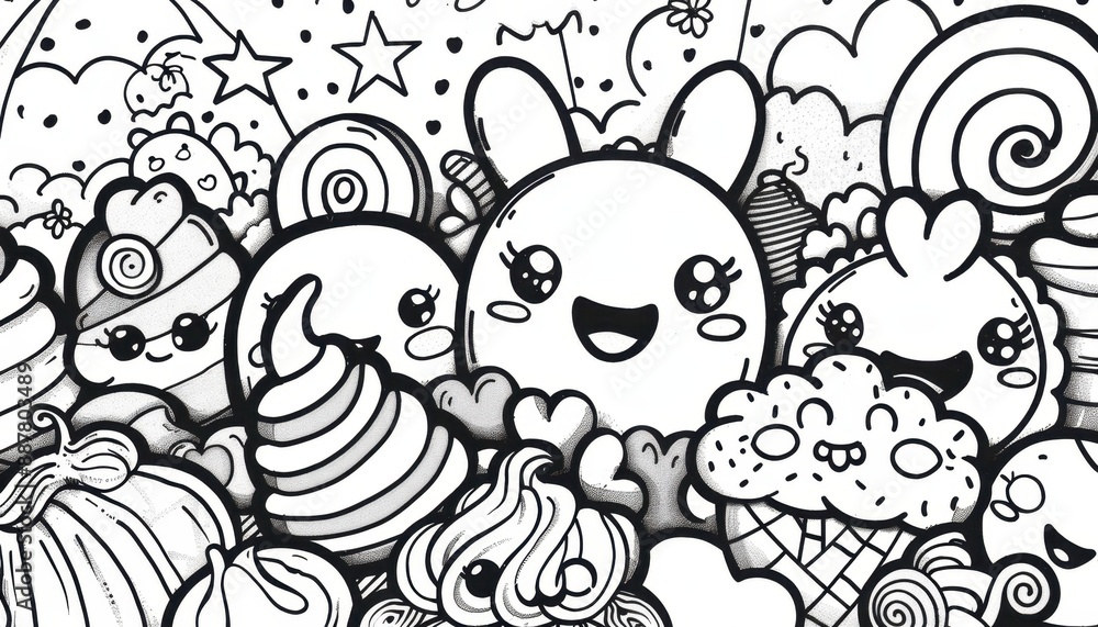 Black And White Doodle Illustration Of Cute Characters With Candy Black And White Doodle Illustration Of Cute Characters With Candy