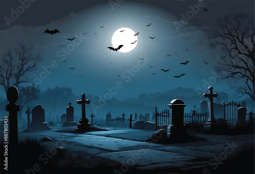 a vector illustration of a cemetery with bats flying around it and full moon in the sky