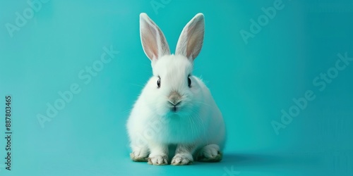 Front view of a white rabbit sitting against a blue background