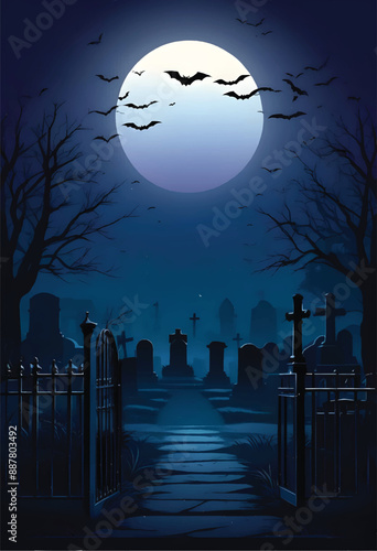 a spooky graveyard at night with bats flying around it and full moon on the sky