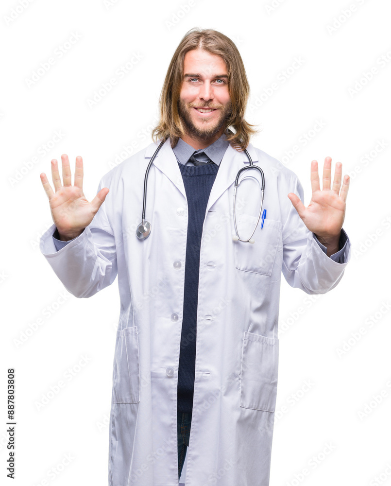 Young handsome doctor man with long hair over isolated background showing and pointing up with fingers number ten while smiling confident and happy. Young handsome doctor man with long hair over isolated background showing and pointing up with fingers number ten while smiling confident and happy.
