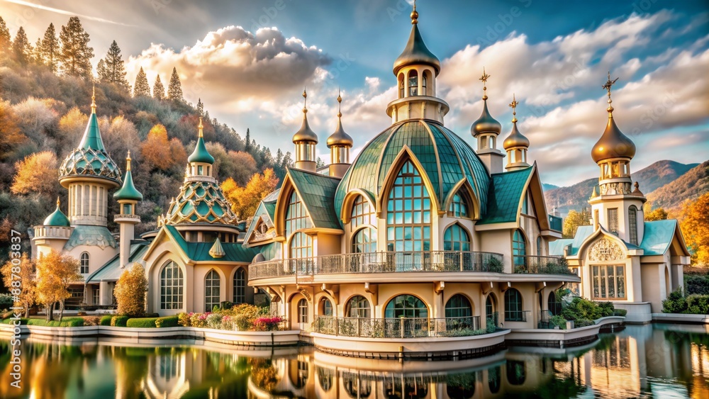 Obraz premium A beautiful tall majestic architectural building in a picturesque landscape.