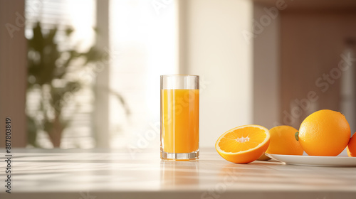 A glass of fresh orange juice on the kitchen table