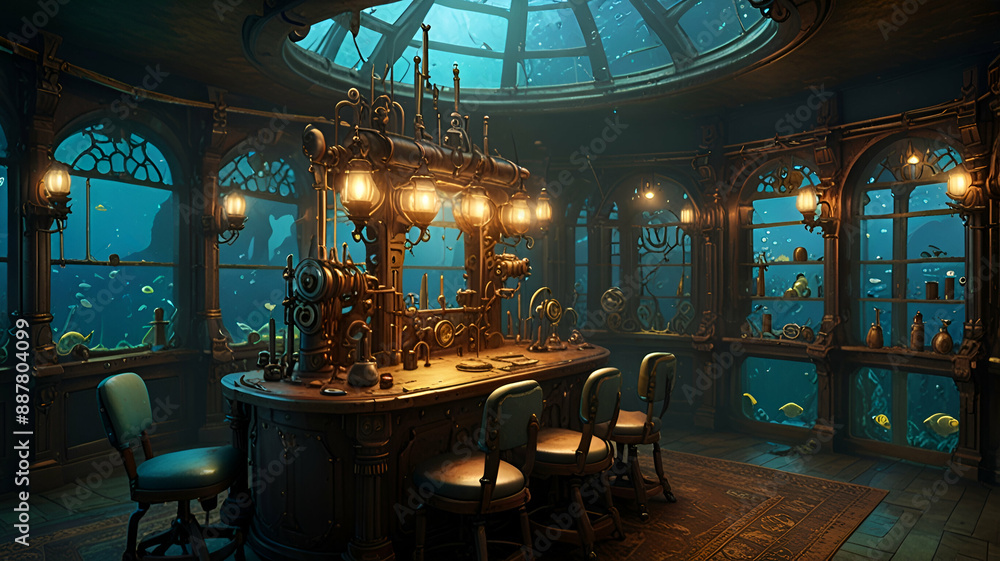 An underwater steampunk laboratory where merfolk scientists conduct experiments using elaborate brass and copper contraptions. Background An underwater steampunk laboratory where merfolk scientists conduct experiments using elaborate brass and copper contraptions. Background