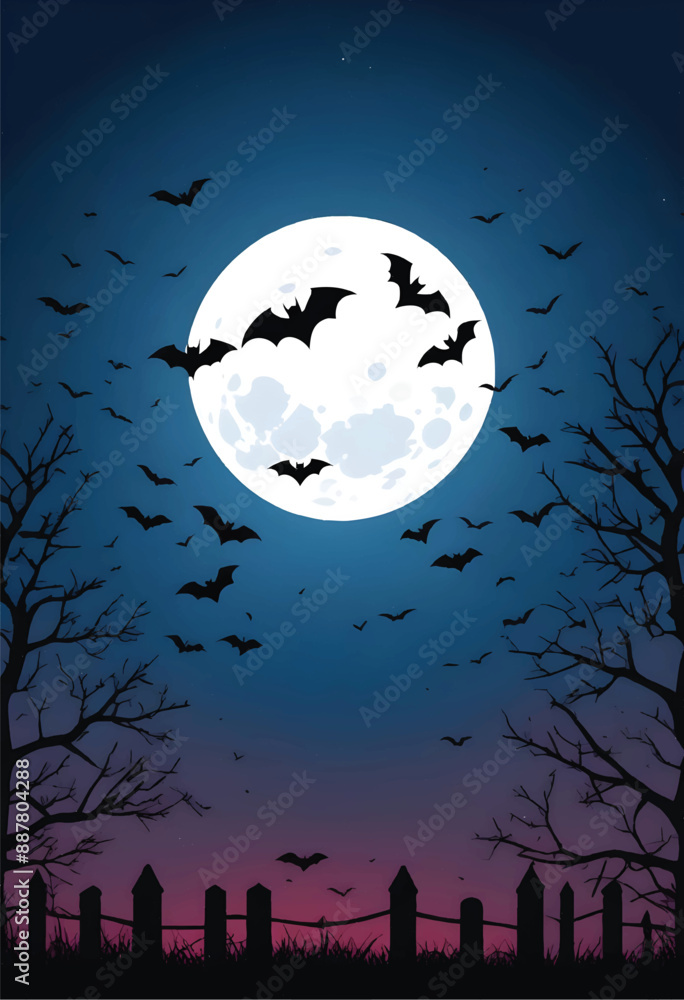 bats flying in front of a full moon with silhouette of grass and iron fence and trees bats flying in front of a full moon with silhouette of grass and iron fence and trees