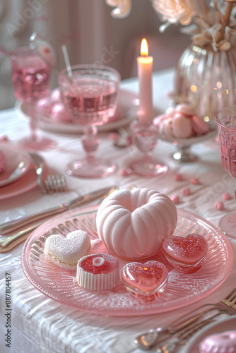 Assorted pink desserts including heart-shaped cake and macarons on a white plate. Studio photography. Valentine’s Day and romance concept for greeting card and invitation © Jula Isaeva 