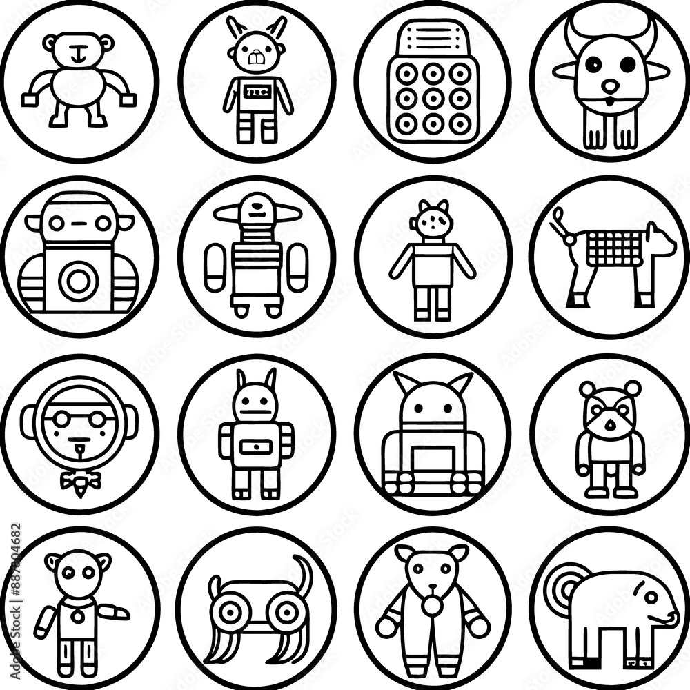 Cute robot cartoon icon character, line stoke isolated, graphic design sign Cute robot cartoon icon character, line stoke isolated, graphic design sign