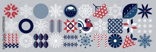 New Year geometric snowflake background. Merry Christmas! Ukrainian style. Scandinavian winter motifs. Snowflakes, flowers, berries, candies. Minimal illustration.