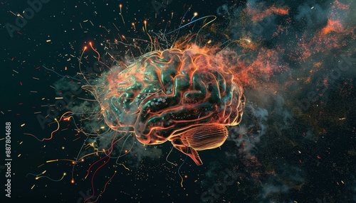 A Digital Brain Erupts With Sparkles and Smoke