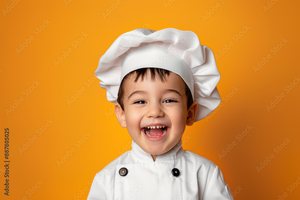 Young chef laughing and having fun while wearing a chef uniform and hat on a yellow background Young chef laughing and having fun while wearing a chef uniform and hat on a yellow background