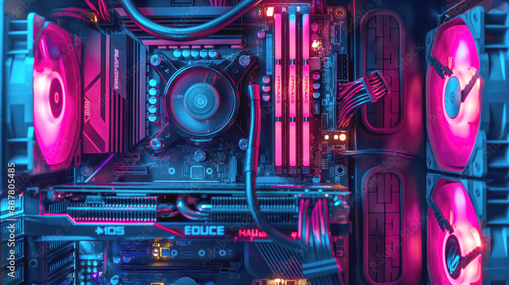 A close-up of a high-performance gaming computer interior featuring cooling fans, RAM, and other components with vibrant LED lighting. A close-up of a high-performance gaming computer interior featuring cooling fans, RAM, and other components with vibrant LED lighting.