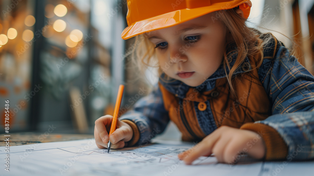 a child wearing a construction helmet and drawing architectural plans