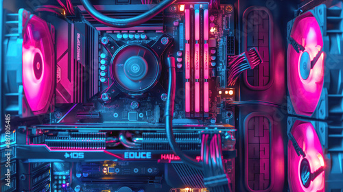 A close-up of a high-performance gaming computer interior featuring cooling fans, RAM, and other components with vibrant LED lighting.