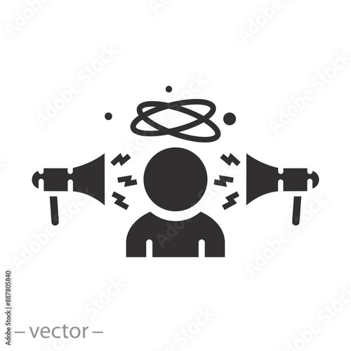 social propaganda, man dizziness icon, news opinion fake, pressure or influence media, flat vector illustration