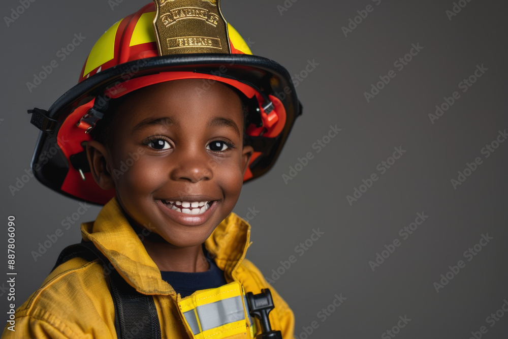 Young boy is smiling at the camera while wearing a firefighter costume, showcasing his dream career aspiration