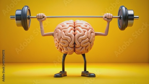 Isolated 3d brain with anthropomorphic features, lifting weights, against a bright yellow background, symbolizing strong mental power and intellectual fitness. photo