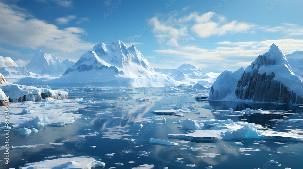 A breathtaking, sunlit, arctic landscape of snow-capped mountains reflected in the still waters of a bay dotted with ice floes. A breathtaking, sunlit, arctic landscape of snow-capped mountains reflected in the still waters of a bay dotted with ice floes.
