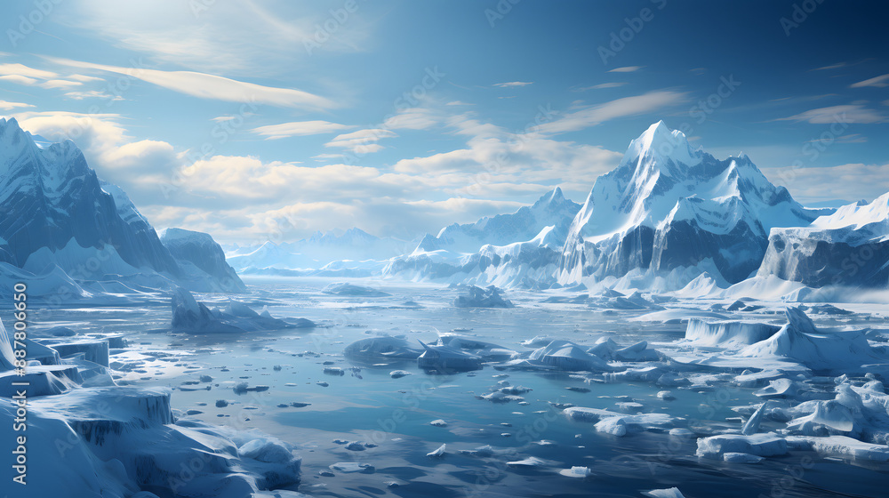 A breathtaking landscape of towering icy mountains and a frozen sea, bathed in the soft light of a clear sky. A breathtaking landscape of towering icy mountains and a frozen sea, bathed in the soft light of a clear sky.