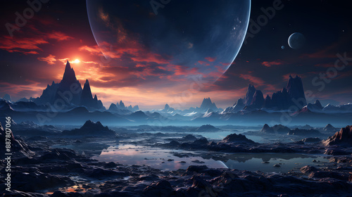 A beautiful red sunset over a chain of mountain peaks on an alien planet with two moons in the sky.