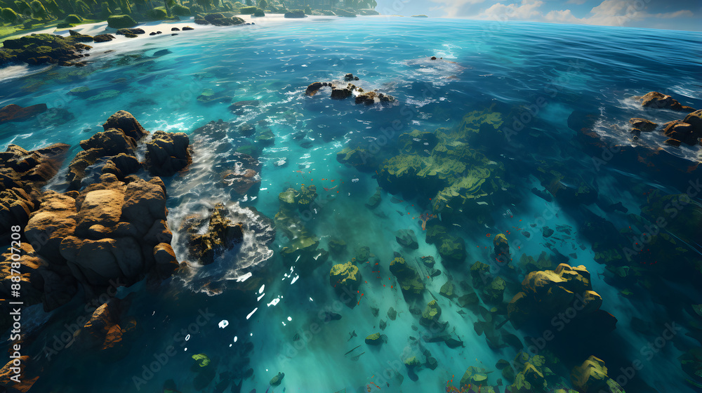 Sunlight hitting the surface of a clear blue lagoon makes the seabed visible. Schools of small fish swim in the shadows of the rocks and nearby jungle. Sunlight hitting the surface of a clear blue lagoon makes the seabed visible. Schools of small fish swim in the shadows of the rocks and nearby jungle.