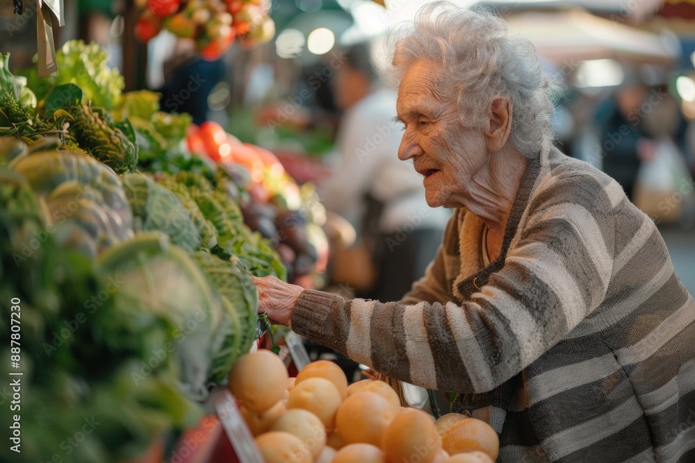 Elderly woman shopping at a farmers market, choosing fresh vegetables, smiling and wearing a striped sweater Elderly woman shopping at a farmers market, choosing fresh vegetables, smiling and wearing a striped sweater
