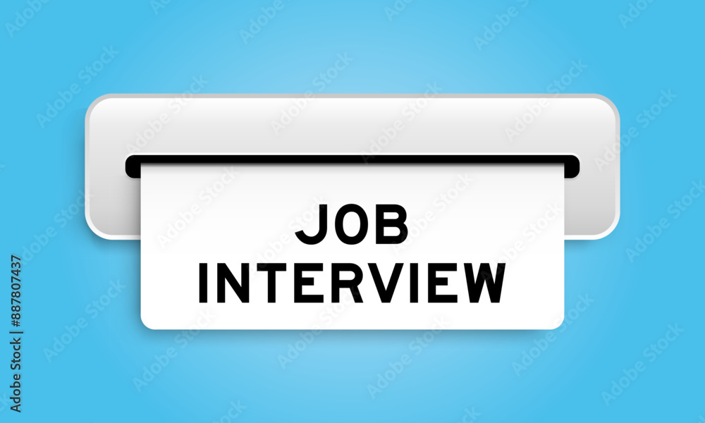 White coupon banner with word job interview from machine on blue color background White coupon banner with word job interview from machine on blue color background
