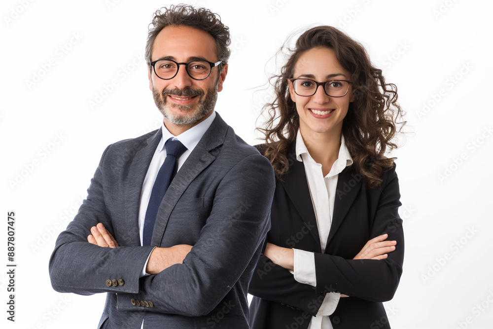 Two people in suits and glasses, one smiling and the other looking serious. The man is wearing a tie and the woman is wearing a white shirt Two people in suits and glasses, one smiling and the other looking serious. The man is wearing a tie and the woman is wearing a white shirt