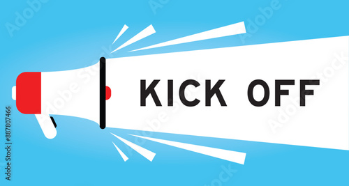 Color megaphone icon with word kick off in white banner on blue background