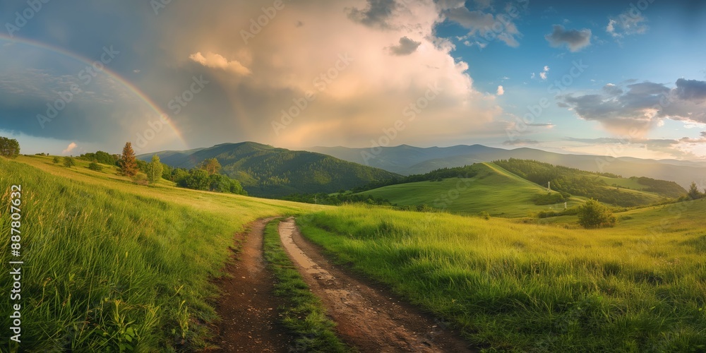 Obraz premium A road winds through a lush green field with a rainbow in the sky. The scene is peaceful and serene, with the colors of the rainbow adding a touch of magic to the landscape