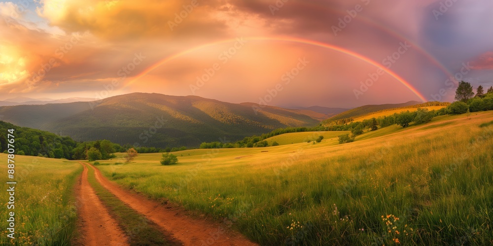 Fototapeta premium A rainbow is seen in the sky above a field of grass. The sky is cloudy and the sun is setting. The field is lush and green, with a dirt road running through it. The scene is peaceful and serene