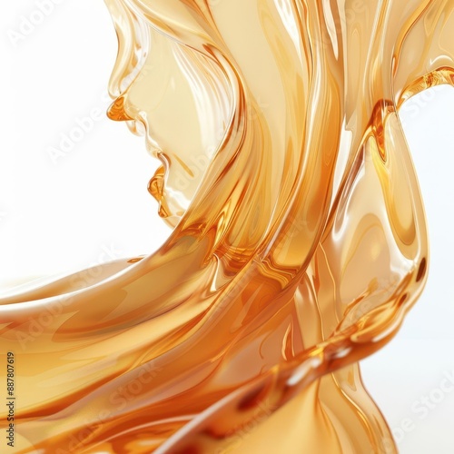 abstract 3d render of flowing caramelcolored liquid smooth glossy streams cascade and intertwine creating mesmerizing shapes against a crisp white background photo