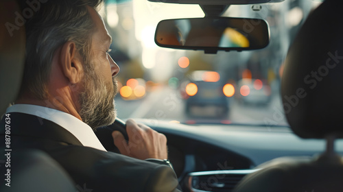 A middle-aged man in a suit is driving, seen from inside the car.，person driving a car