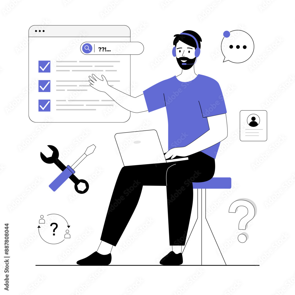 Technical support, call center, online consultation. A specialist provides virtual assistance. Vector illustration with line people for web design. Technical support, call center, online consultation. A specialist provides virtual assistance. Vector illustration with line people for web design.