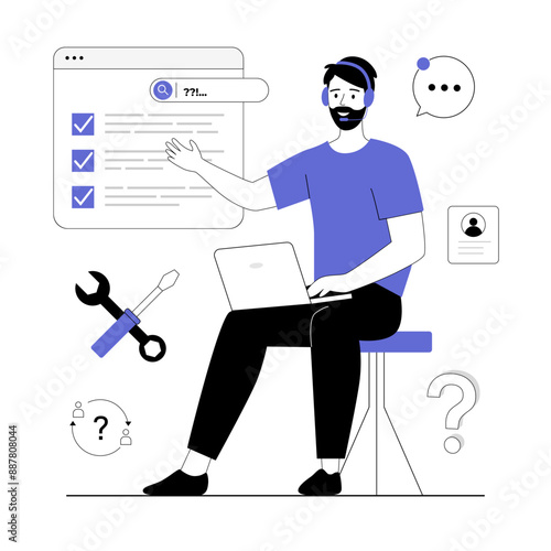 Technical support, call center, online consultation. A specialist provides virtual assistance. Vector illustration with line people for web design.