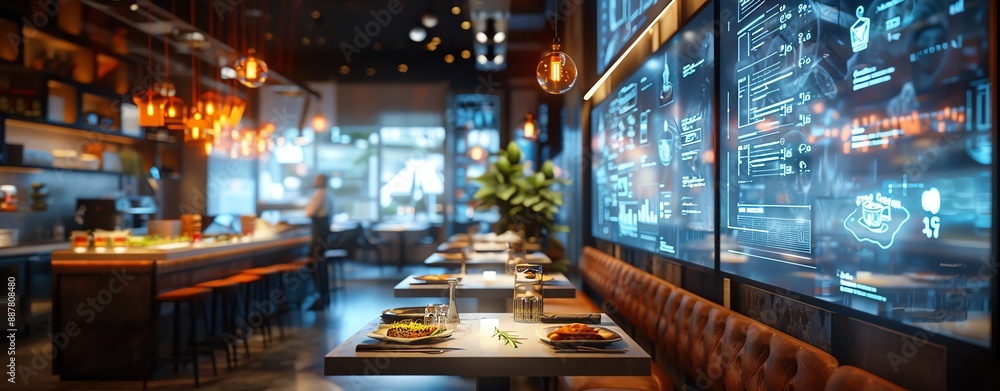 Modern restaurant with holographic menus and abundant copy space Modern restaurant with holographic menus and abundant copy space