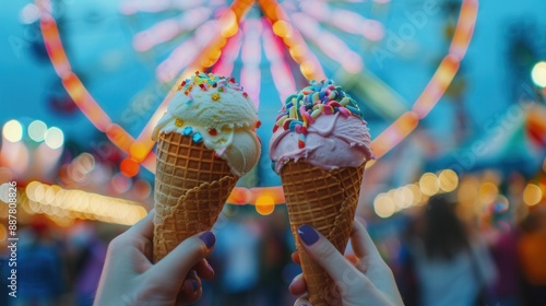 Fototapeta Naklejka Na Ścianę i Meble -  Hand holding a tasty ice cream in an amusement park