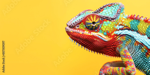 Colorful chameleon against a vibrant yellow background displaying its detailed patterns and textures.