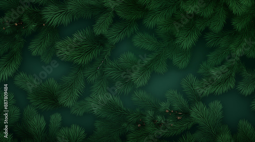 Lush Green Pine Branches Close-Up On Dark Green Background