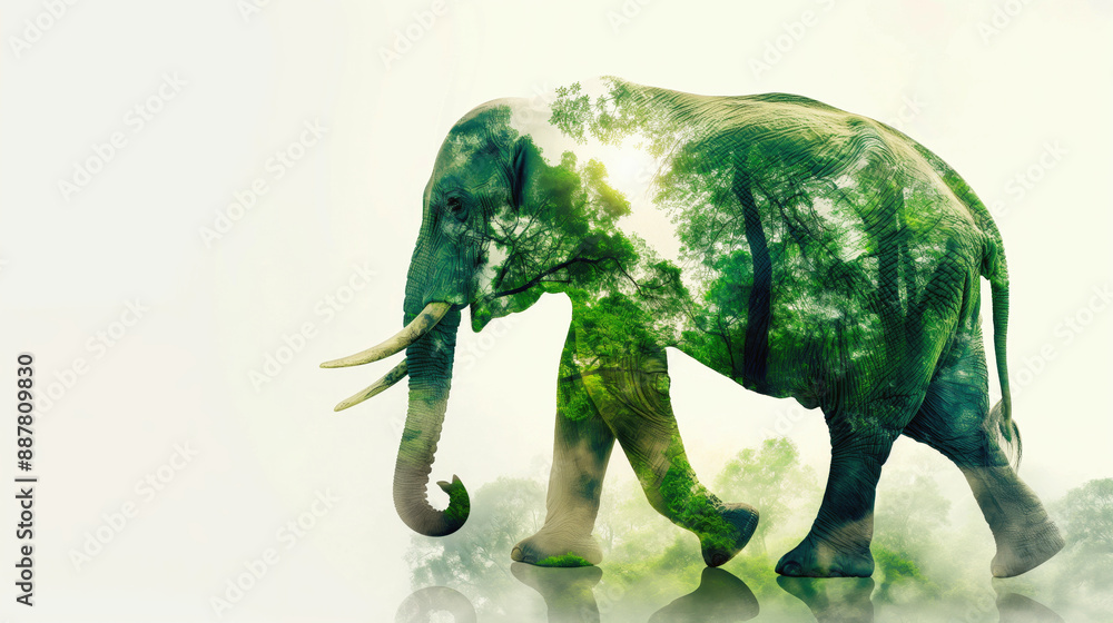 Obraz premium Double exposure of an elephant with a green forest superimposed over its silhouette, blending nature and wildlife in a harmonious composition.