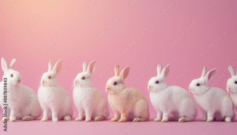 A Line of White Rabbits Sitting on a Pink Background A Line of White Rabbits Sitting on a Pink Background