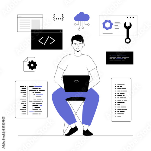 Software development, programming, coding. Man write code, settings and testing, developing programs and applications. Vector illustration with line people for web design.