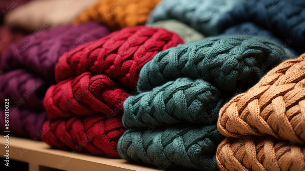 Knitted woolen sweaters and scarves as background, closeup 