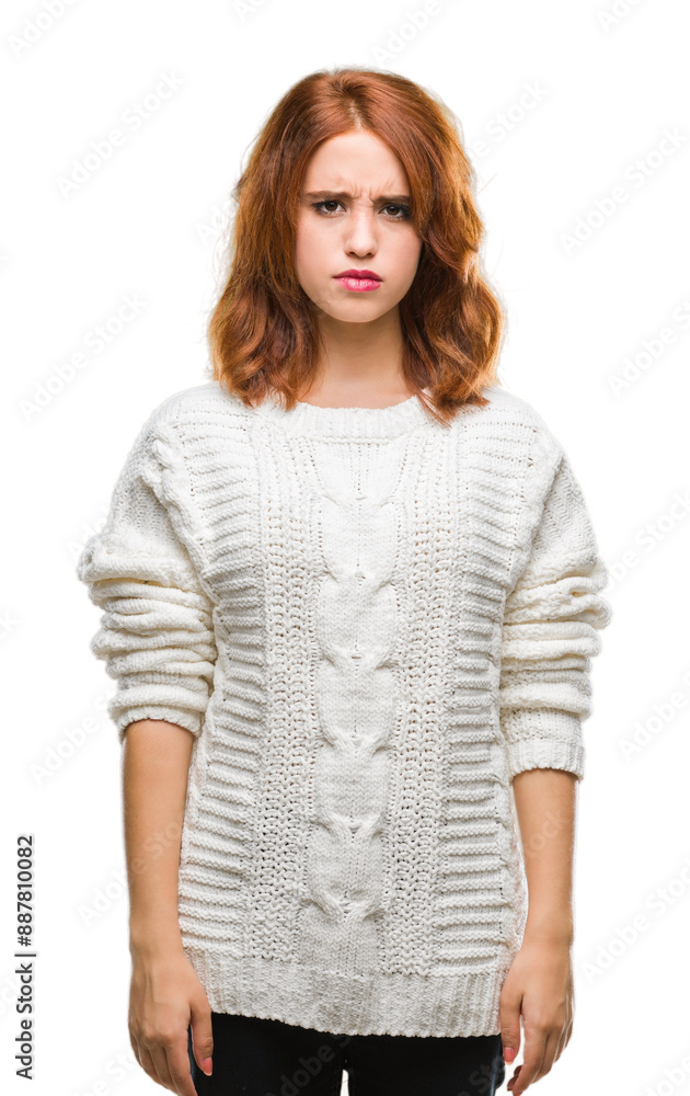 Young beautiful woman over isolated background wearing winter sweater skeptic and nervous, frowning upset because of problem. Negative person. Young beautiful woman over isolated background wearing winter sweater skeptic and nervous, frowning upset because of problem. Negative person.