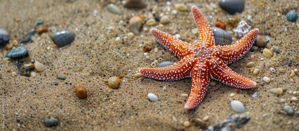 Vibrant seastar on the sandy shore with a background of a copy space image Vibrant seastar on the sandy shore with a background of a copy space image